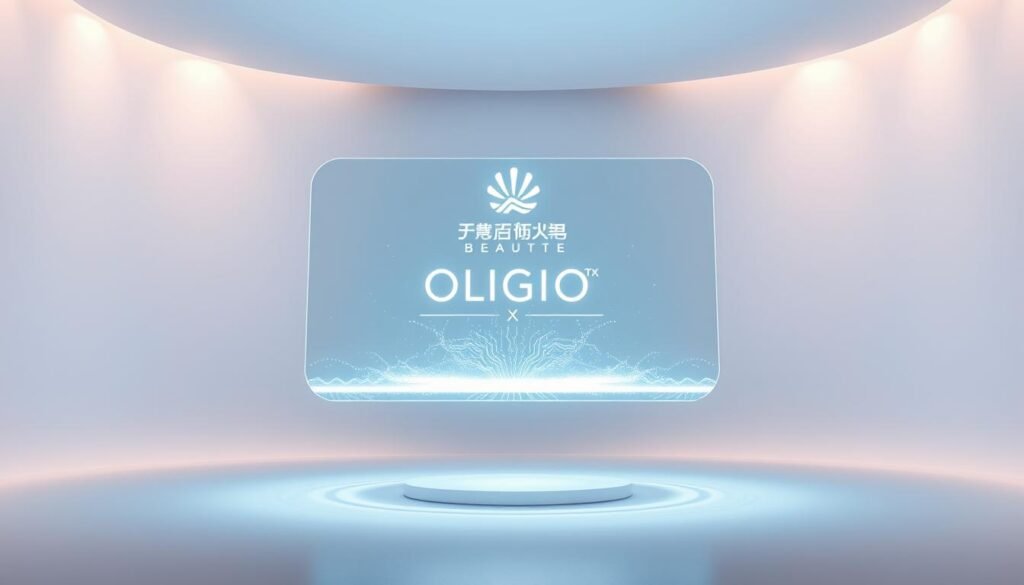 A mesmerizing holographic display, "Oligio X 原美電波", hovers in a sleek, minimalist studio. The Glowin Beaute logo shimmers subtly, radiating an aura of futuristic elegance. Crisp, directional lighting accentuates the display's clean lines and captivating visual effects, inviting closer inspection. The background is a serene, gradient-tinted void, allowing the technology to take center stage. Hints of advanced circuitry and quantum-level waveforms can be glimpsed within the mesmerizing hologram, foreshadowing the revolutionary potential of this beauty tech marvel. An atmosphere of cutting-edge innovation and boundless possibilities permeates the scene.