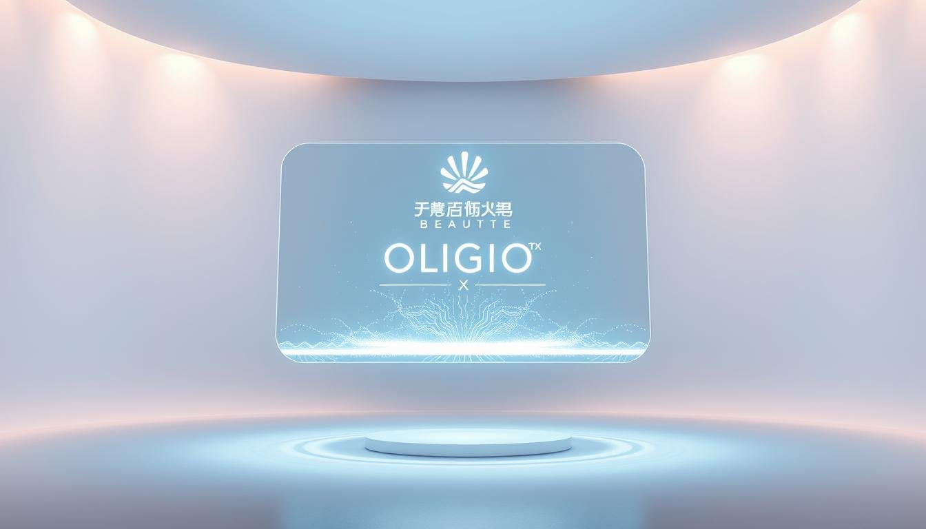 A mesmerizing holographic display, "Oligio X 原美電波", hovers in a sleek, minimalist studio. The Glowin Beaute logo shimmers subtly, radiating an aura of futuristic elegance. Crisp, directional lighting accentuates the display's clean lines and captivating visual effects, inviting closer inspection. The background is a serene, gradient-tinted void, allowing the technology to take center stage. Hints of advanced circuitry and quantum-level waveforms can be glimpsed within the mesmerizing hologram, foreshadowing the revolutionary potential of this beauty tech marvel. An atmosphere of cutting-edge innovation and boundless possibilities permeates the scene.
