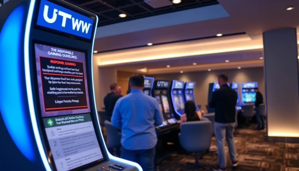 A serene, well-lit interior of a modern UTown gaming establishment. The foreground features a sleek, responsible gaming terminal with a clear display showcasing responsible gambling guidelines and player protection measures. In the middle ground, patrons carefully review their bets and winnings, guided by attentive staff. The background reveals a calming, minimalist ambiance with muted colors and indirect lighting, conveying a sense of control and security. The overall scene communicates a commitment to ethical and regulated gaming practices.