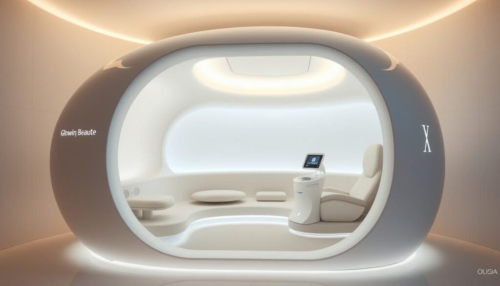 A sleek, modern wellness pod with Glowin Beaute's "Oligio X" branding prominently displayed on the smooth, curved exterior. The pod is bathed in a soft, diffused light that creates a serene, therapeutic atmosphere. The interior features plush, ergonomic seating and intuitive controls, allowing the user to customize their "原美電波舒適體驗" with precision. Ambient lighting gently pulses and shifts, syncing with the body's natural rhythms. Smooth, minimalist lines and a neutral color palette evoke a sense of balanced, restorative tranquility, ideal for a high-tech self-care experience.