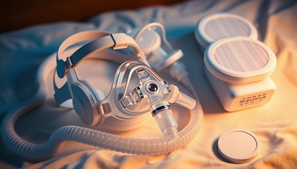 生成圖片：睡眠呼吸機配件，包括面罩、喉管、過濾器等