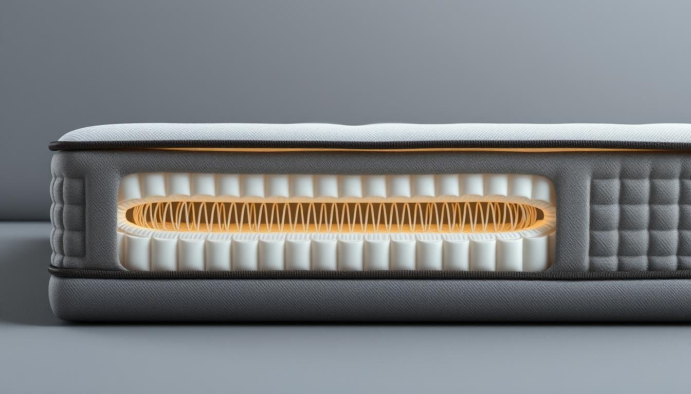 A high-quality close-up shot of a StylesMaven independent pocket spring mattress, showcasing its intricate inner construction. The mattress is displayed against a neutral grey background, with soft, even lighting illuminating the details. The viewer can clearly see the individual pocketed springs, each encased in their own fabric pocket, providing targeted support and conforming to the body's contours. The overall impression is one of precision engineering, durability, and comfort.