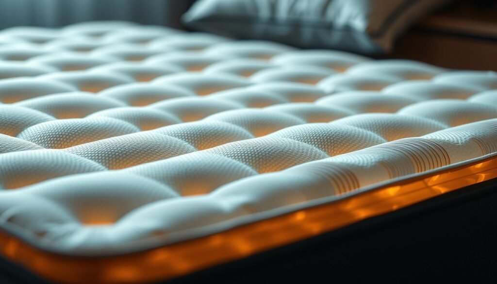 A high-quality, close-up view of a StylesMaven independent pocket spring mattress, showcasing its intricate construction and ergonomic design. The mattress surface is rendered in vivid detail, highlighting the individual pocket springs encased in fabric pockets, arranged in a precise grid pattern. The springs are visible through a partially transparent top layer, allowing the viewer to appreciate the supportive and contouring properties of the design. The lighting is soft and diffused, creating a warm, inviting atmosphere that evokes the comfort and relaxation of a restful sleep experience.