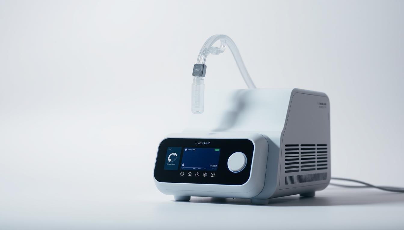 A high-quality, modern, and sleek iCareCPAP sleep apnea machine set against a clean white background. The device is illuminated with soft, diffused lighting, highlighting its minimalist design and advanced technology. In the foreground, the machine's intuitive control panel and user-friendly interface are prominently displayed, inviting the user to interact with it. In the middle ground, the machine's compact yet powerful build is showcased, emphasizing its ability to provide effective and comfortable treatment. The background is slightly blurred, creating a sense of depth and focus on the device itself. The overall image conveys the device's professionalism, reliability, and suitability for improving sleep quality and respiratory health.