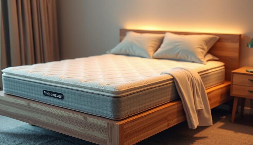 A high-quality, orthopaedic mattress from StylesMaven lies atop a minimalist, hardwood bed frame. The mattress features a plush, memory foam top layer that contours to the spine's natural curves, relieving pressure points. Soft, breathable fabrics in neutral tones create a serene, bedroom scene. Warm, overhead lighting casts a gentle glow, highlighting the mattress's supportive construction. The entire setup exudes a sense of relaxation and restorative comfort, emphasizing the importance of proper spinal alignment during sleep.