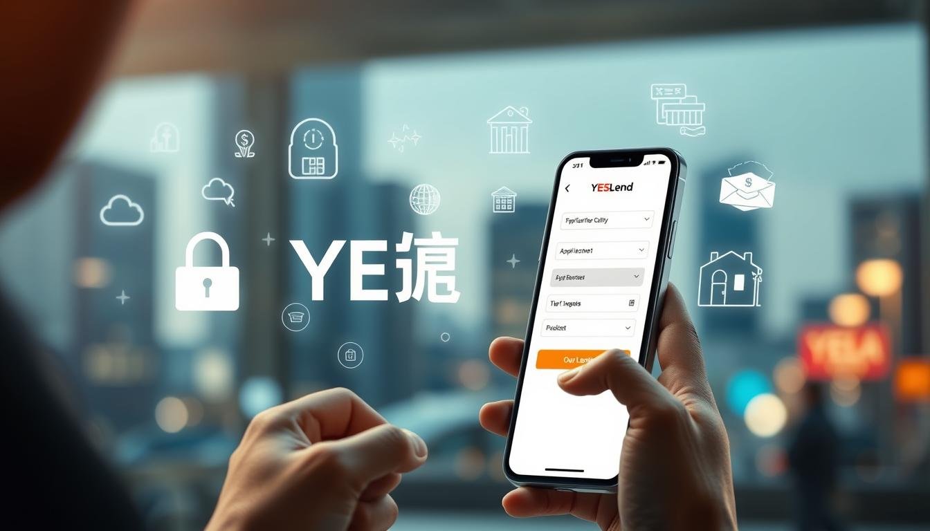 A modern, digital lending platform with a sleek, minimalist interface. In the foreground, a person using a smartphone to access the YESLend app, their face partially obscured by the device. The middle ground features various financial icons and illustrations, suggesting the secure and convenient nature of the online application process. The background showcases a blurred cityscape, hinting at the availability of this digital lending service across urban areas. The lighting is soft and warm, creating a sense of trust and reliability. The overall composition conveys the accessibility and simplicity of &quot;數碼化借錢服務&quot; through the YESLend platform.
