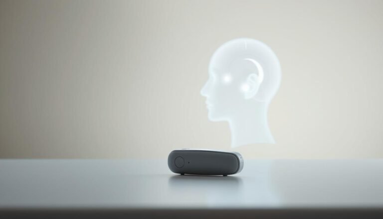 A serene, minimalist scene depicting the future of tinnitus treatment. In the foreground, a clean, well-designed hearing aid device rests on a sleek, futuristic table, its smooth lines and muted colors suggesting advanced technology. The middle ground features a person's head in profile, with a glowing, translucent overlay representing the inner workings of the ear and brain, hinting at the device's ability to interface with the body's natural systems. The background is a soft, blurred gradient, conveying a sense of tranquility and possibility. The lighting is natural and diffused, creating a calming, hopeful atmosphere. The overall composition and styling suggest a future where tinnitus can be effectively managed through innovative, user-friendly solutions.
