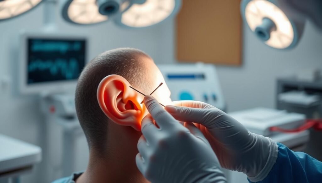A serene, well-lit clinical setting. In the foreground, a patient's head is gently tilted to one side, exposing the ear canal. A healthcare professional's hands, wielding a delicate instrument, carefully manipulate and reposition the displaced otoconia (ear crystals) back into their proper place within the inner ear. The middle ground features medical equipment and supplies, conveying a sense of expertise and precision. The background is softly blurred, focusing the viewer's attention on the intricate procedure unfolding. The scene exudes a sense of calm, professionalism, and the expertise required to effectively treat and prevent the recurrence of benign paroxysmal positional vertigo.