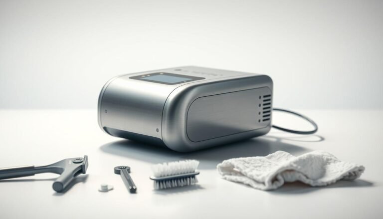 A sleek, stainless steel iCareCPAP sleep apnea machine resting on a clean, white surface. The device is illuminated by soft, indirect lighting, casting gentle shadows that accentuate its modern, minimalist design. In the foreground, various cleaning tools and accessories, such as a brush and a soft cloth, are neatly arranged, conveying the importance of proper maintenance. The middle ground features a serene, blurred background, creating a sense of focus on the device and its care. The overall mood is one of efficiency, attention to detail, and the importance of ensuring the longevity and optimal performance of the iCareCPAP machine.