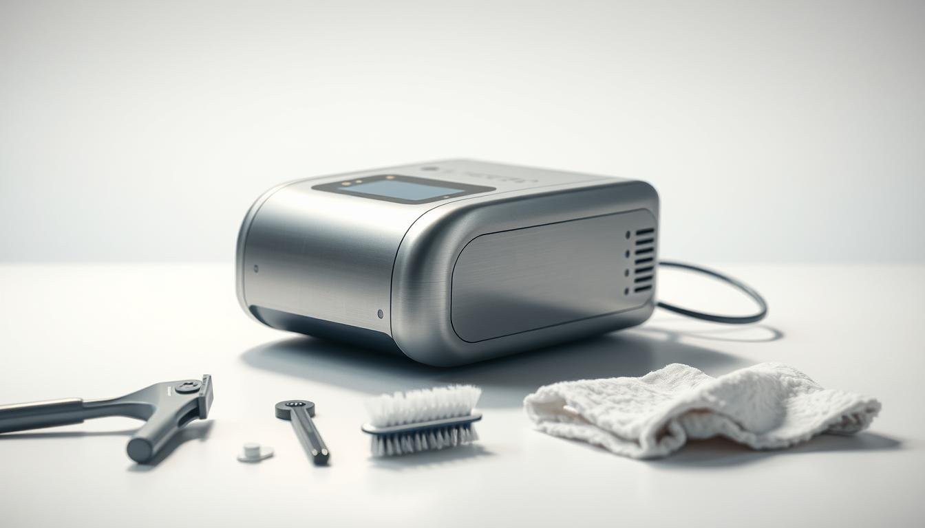 A sleek, stainless steel iCareCPAP sleep apnea machine resting on a clean, white surface. The device is illuminated by soft, indirect lighting, casting gentle shadows that accentuate its modern, minimalist design. In the foreground, various cleaning tools and accessories, such as a brush and a soft cloth, are neatly arranged, conveying the importance of proper maintenance. The middle ground features a serene, blurred background, creating a sense of focus on the device and its care. The overall mood is one of efficiency, attention to detail, and the importance of ensuring the longevity and optimal performance of the iCareCPAP machine.