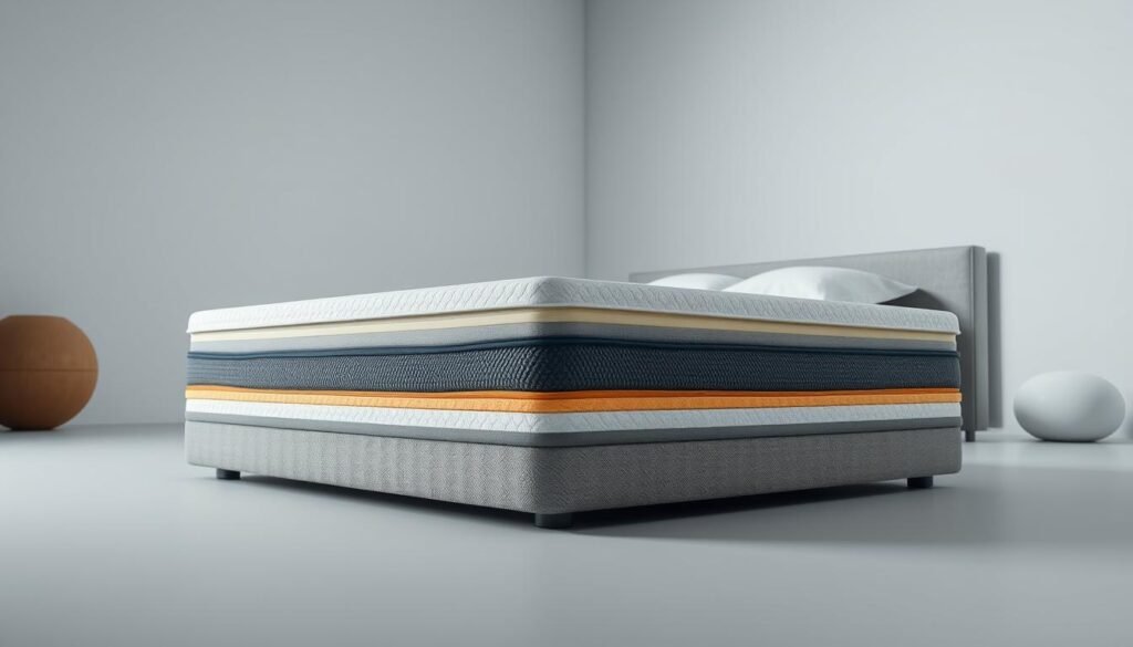 A stylish and ergonomic bed mattress from StylesMaven, showcasing a detailed cross-section view. In the foreground, the intricate layers of high-density foam, pressure-relieving memory foam, and breathable fabric coverings are visible, highlighting the mattress's supportive and comfortable design. The middle ground depicts the mattress's sleek, modern silhouette, emphasizing its clean lines and sophisticated appearance. The background features a minimalist, well-lit studio setting, creating a serene and professional atmosphere. The lighting is soft and diffused, gently accentuating the mattress's textures and materials. This image effectively communicates the high-quality and wellness-focused features of the StylesMaven護脊床褥, aligning with the section title "如何選擇合適的護脊床褥類型".