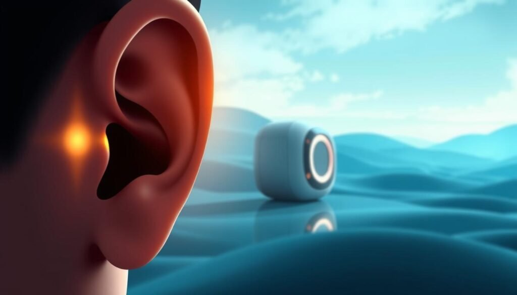 A stylized digital illustration depicting the modern medical solutions for tinnitus (ringing in the ears). In the foreground, a close-up view of a human ear with a glowing aura, symbolizing the innovative treatments. The middle ground features a futuristic medical device, its sleek design and soft lighting hinting at advanced technology. The background is a serene, abstract landscape in soothing blues and greens, conveying a sense of healing and relief. The overall mood is one of hope, progress, and the promise of a resolution to the common affliction of tinnitus.