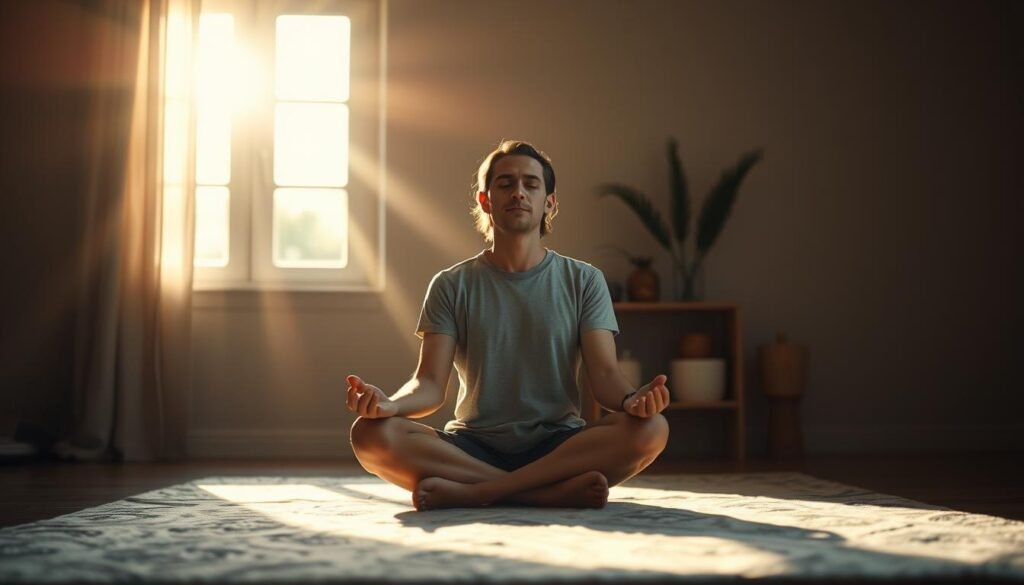 A tranquil scene of a person practicing self-care techniques to alleviate their tinnitus. The foreground depicts a calm, contemplative individual sitting cross-legged, eyes closed, with a serene expression. Gentle rays of warm, natural light filter through a window in the middle ground, creating a soothing, ambient atmosphere. The background features minimalist, zen-inspired decor, hinting at the person's holistic approach to managing their ear ringing. Soft, diffused shadows and muted tones evoke a sense of introspection and inner peace. The overall composition conveys the power of self-management in finding a solution to the challenge of tinnitus.