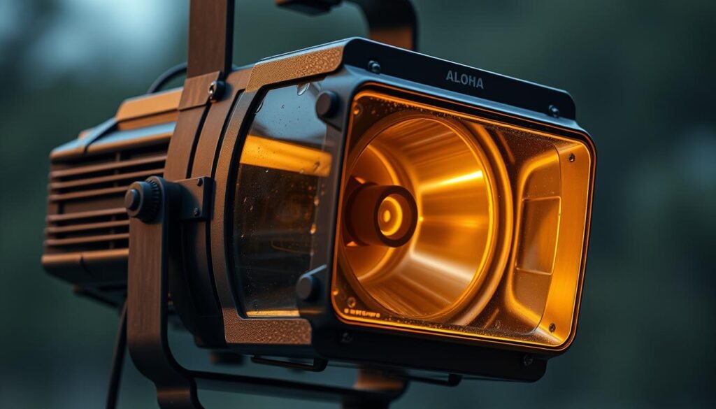 A waterproof Aloha brand projection lamp with a rugged, industrial design. The lamp's casing is made of durable weatherproof materials, with a sturdy tempered glass lens protected by a metal frame. The lamp is mounted on a sturdy metal stand, allowing for precise angling and positioning. Soft, diffused lighting emanates from the lamp, creating a warm, atmospheric glow. The intricate internal mechanisms, including the heat-dissipating components, are visible through the transparent casing, revealing the lamp's advanced waterproof engineering. The overall scene conveys the importance of waterproof technology for projection lamps, ensuring reliable performance even in harsh outdoor environments.