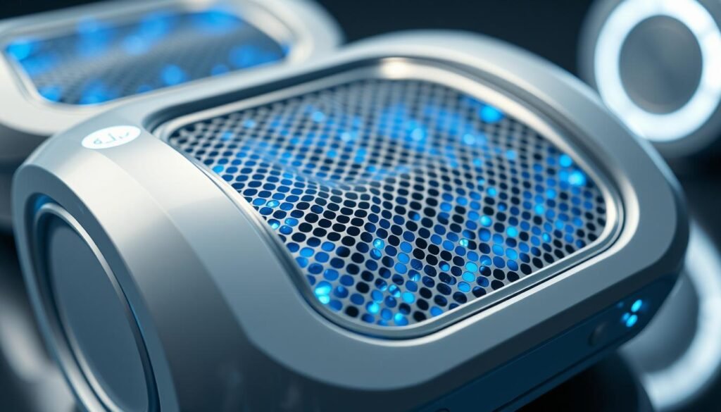 Detailed close-up of the "Oligio X 原美電波智能噴冷與震動系統" by Glowin' Beaute. Sleek futuristic device with metallic silver and white casing, accented by glowing blue LED lights. Intricate pattern of cooling vents and vibration components visible. Evenly diffused studio lighting illuminates the product from multiple angles, highlighting its precision engineering and high-tech aesthetic. Sharp depth of field, drawing the viewer's attention to the central features. Conveys a sense of advanced, cutting-edge technology that is both functional and visually striking.