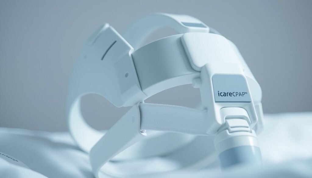 A close-up, detailed view of a modern, white iCareCPAP sleep apnea headgear with adjustable straps and padding for comfort. The headgear is designed to securely hold a CPAP mask in place during sleep, with a sleek, minimalist aesthetic. The lighting is soft and diffused, highlighting the contours and textures of the materials. The background is a clean, neutral setting, allowing the headgear to be the focal point. The image conveys a sense of thoughtful design and functionality to address the common issues associated with traditional sleep apnea headgear.