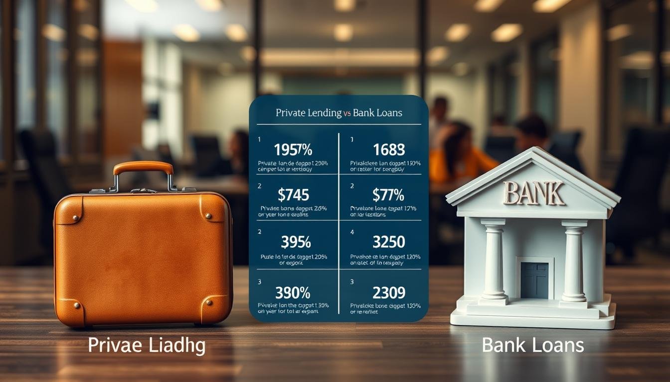 A detailed comparison of private lending and bank loans, showcasing the key differences and considerations. The foreground features two contrasting financial icons - a suitcase representing private lending, and a bank building for traditional bank loans. The middle ground highlights relevant financial data and statistics, presented in a clean, infographic-style layout. The background subtly blends professional office environments, suggesting the serious nature of the financial decision. Warm lighting and a muted color palette create a sense of thoughtfulness and consideration. The overall composition conveys the complex yet important decision facing the viewer on which loan option is most suitable for their needs.