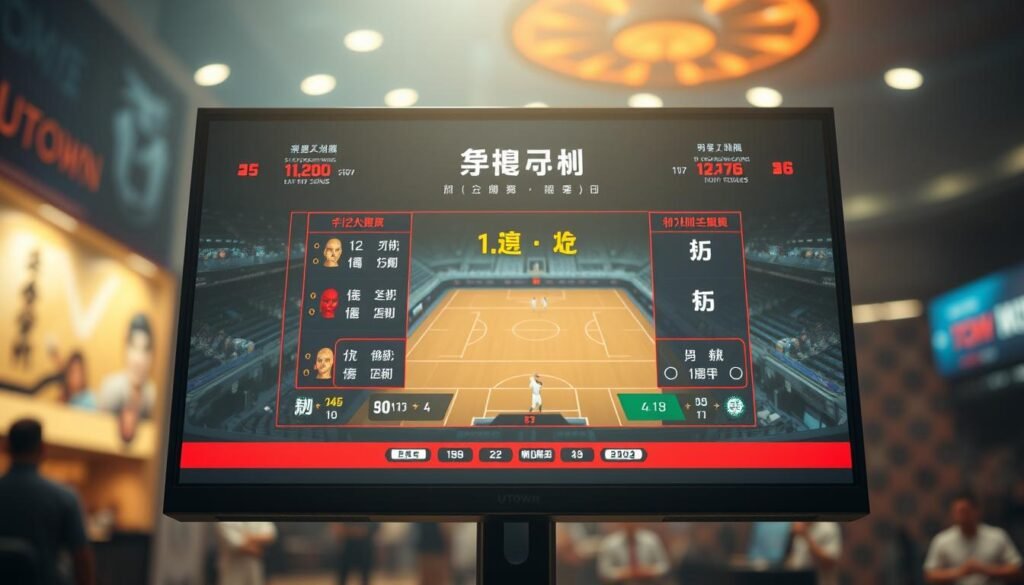 A detailed, hyper-realistic image of the "雷神之鎚" video game scoreboard, showcasing the scoring hot zones. The scoreboard is displayed on a UTown brand gaming monitor, with a clean, modern design. The image is captured from an overhead perspective, with a shallow depth of field to focus attention on the central scoreboard. The lighting is natural and diffused, creating a warm, inviting atmosphere. The background is blurred, emphasizing the scoreboard as the central focal point. The scoreboard features vibrant colors, crisp lines, and intuitive data visualizations that clearly highlight the high-scoring areas of the game field.