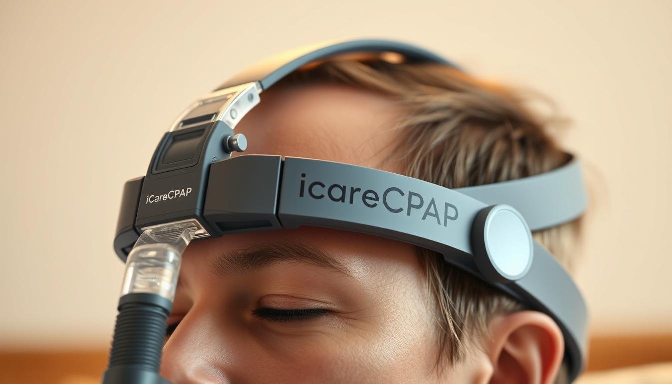 A high-quality, closeup photograph of a sleep apnea CPAP mask headgear in a warm, natural lighting. The headgear features an adjustable strap system with the brand name "iCareCPAP" prominently displayed. The straps are made of a soft, breathable material that contours to the user's head, providing a comfortable and secure fit. The design is sleek and modern, with a matte finish that blends seamlessly with the user's facial features. The image captures the intricate details of the headgear, showcasing its innovative engineering and attention to user comfort and convenience.