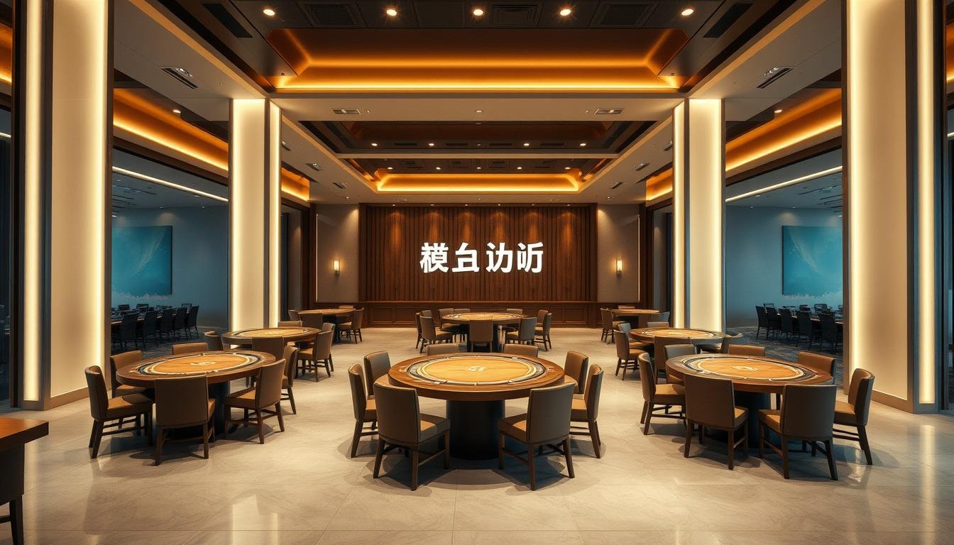 A high-quality, realistic image of the "德州撲克平台" from the UTown entertainment complex. The platform is set in a modern, well-lit interior with sleek, minimalist design. Elegant wooden tables and plush, comfortable chairs surround a central area with multiple poker tables. Subtle ambient lighting creates a warm, inviting atmosphere. The tables are arranged in a visually striking, symmetrical layout, and the overall scene exudes a sense of professionalism and sophistication befitting a world-class poker destination. The image captures the essence of a premium, state-of-the-art poker platform where global players can compete at the highest level.