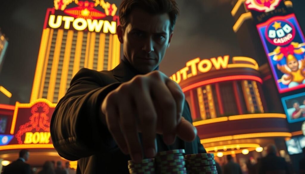 A high-stakes gambler stands before a towering UTown casino, their face etched with tension. The neon-lit facade casts an uneasy glow, hinting at the risks that lurk within. The gambler's hand hovers over a stack of chips, poised to make a fateful decision that could trigger the casino's watchful risk controls. The scene conveys a sense of uncertainty and the potentially dire consequences of unrestrained indulgence in the allure of the gaming tables.