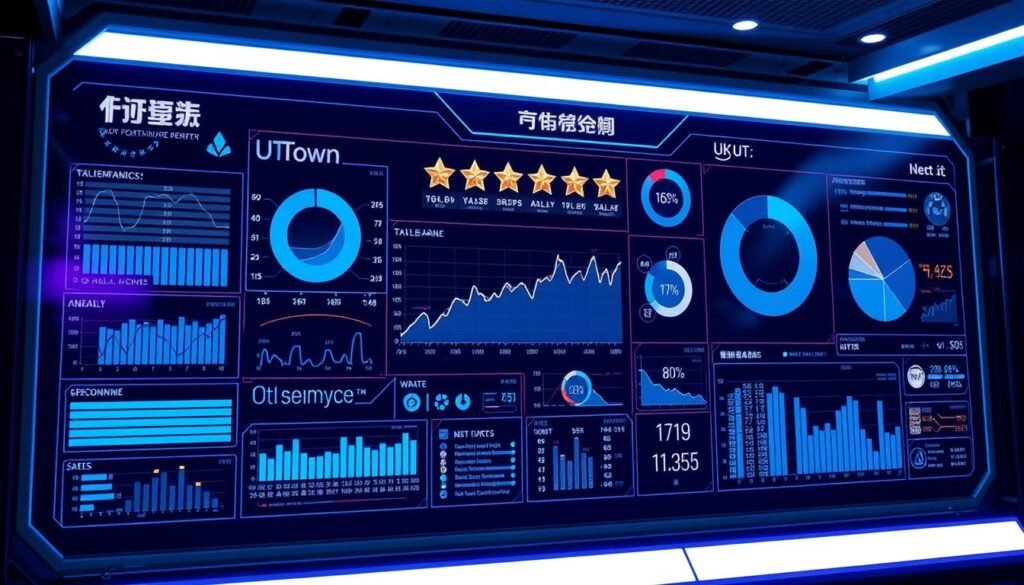 A high-tech control panel display, with dynamic visualization of data analytics from the "雷神之鎚" trial version. Sleek, futuristic interface with UTown branding, bathed in cool blue and violet lighting. Intricate graphs, charts, and icons convey complex gameplay metrics. The scene exudes a sense of technological sophistication and in-depth analysis, perfectly suited for the specialized "雷神之鎚" gamer audience.