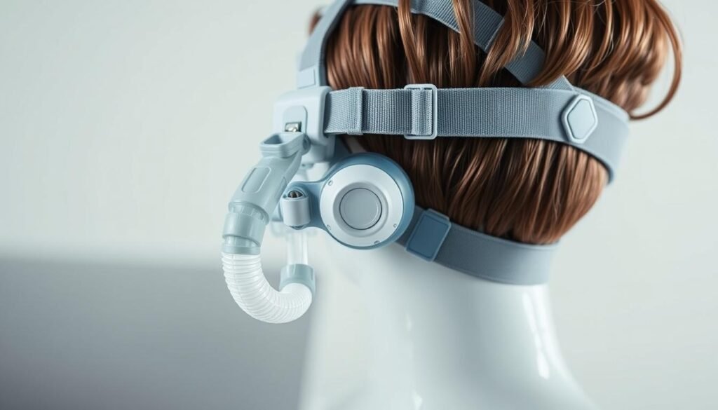 A highly detailed and realistic image of a sleep apnea CPAP headgear from the iCareCPAP brand. The headgear is shown in close-up, with a clean and well-lit studio setup. The headgear is composed of a plush, adjustable fabric strap that wraps around the head, with sturdy plastic connectors and a flexible, reinforced silicone mask interface. The headgear is shown from multiple angles, highlighting its ergonomic design and comfortable fit. The image conveys a sense of quality, functionality, and medical-grade construction, suitable for illustrating the proper wearing techniques for a sleep apnea CPAP system.