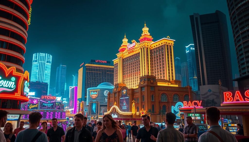A modern urban cityscape at night, with the vibrant neon lights of the UTown entertainment district casting a warm glow across the scene. In the foreground, a group of people navigating the maze-like layout of the casinos, their expressions a mix of anticipation and caution. The middle ground features the towering facades of the gaming halls, their intricate architectural details illuminated by carefully placed lighting. In the background, a hazy skyline dotted with skyscrapers, creating a sense of scale and grandeur. The overall atmosphere is one of complexity, with the players carefully considering their next moves amidst the allure and risks of the urban entertainment complex.