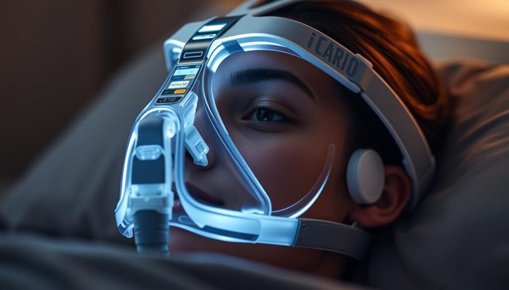 A modern, well-designed iCareCPAP sleep apnea mask with a sleek, adjustable headgear system. The mask features a clear, soft silicone face cushion for maximum comfort and a custom-fit design. The headgear is crafted from high-quality, breathable materials in a muted, neutral color palette that blends seamlessly with the mask. Subtle contours and clean lines give the ensemble a polished, minimalist aesthetic. Soft ambient lighting illuminates the setup, creating a calming, therapeutic atmosphere. The overall impression is one of advanced medical technology seamlessly integrated with thoughtful, user-centric design.