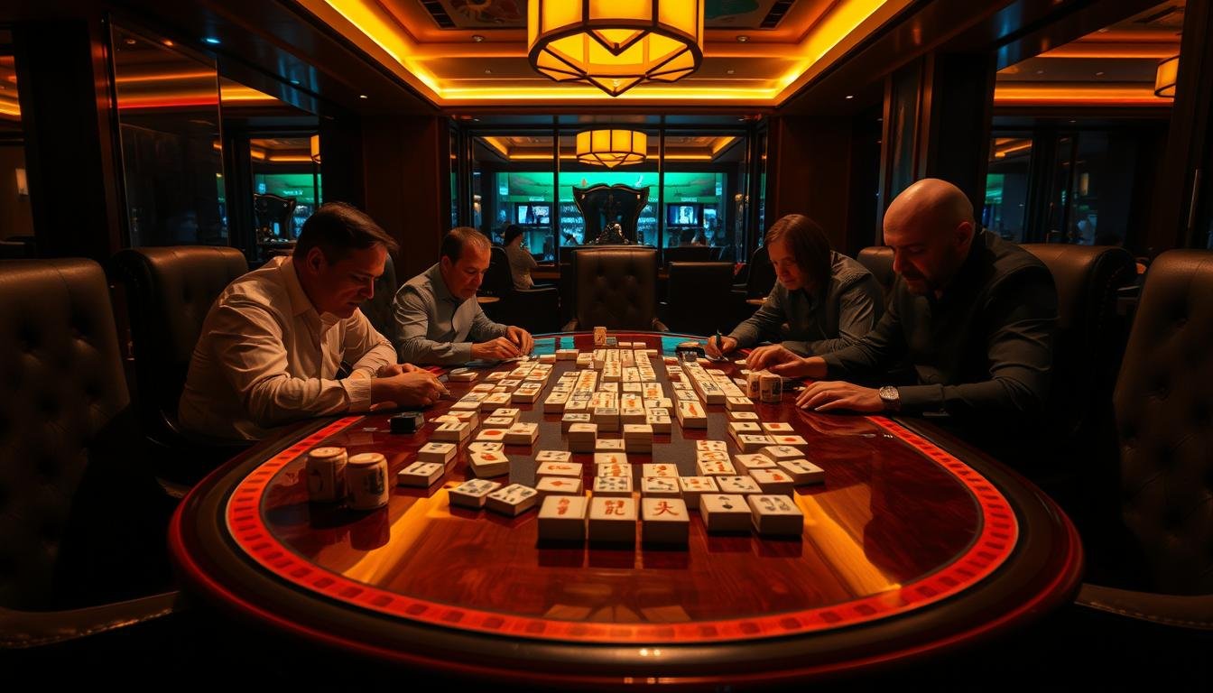 A sleek and modern table setting in a dimly lit UTown lounge, the center of attention is a game of RSG mahjong in progress. Plush leather chairs surround the table, casting soft shadows. The mahogany surface gleams under warm overhead lighting, highlighting the intricate patterns of the tiles as they are strategically arranged. The players, their faces obscured, lean in with focused expressions, their hands poised to make the next move. The atmosphere is one of intense concentration and the thrill of the game, creating a captivating scene that draws the viewer into the world of RSG mahjong at UTown.
