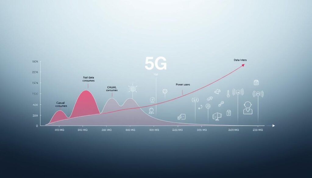 A sleek, minimalist visualization of 5G data usage patterns. In the foreground, a stylized graph depicting the varied data demands of different user types, from casual consumers to data-intensive power users. The midground features abstract 5G network symbols and icons, conveying the technological backbone enabling these diverse needs. In the background, a subtle gradient backdrop evokes the Telecombrother brand aesthetic, complementing the clean, data-driven aesthetic. Soft lighting and a muted color palette lend an authoritative, professional feel, suitable for the informative article section.