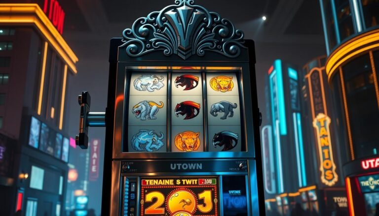 A towering slot machine stands tall, its metallic frame adorned with intricate carvings of the mighty Thor's hammer, Mjolnir. The machine's reels spin with a mesmerizing rhythm, each symbol a representation of the Norse god's power - lightning bolts, thunderclouds, and fierce tigers. The machine's sleek, modern design is accentuated by dramatic lighting, casting long shadows that give the scene a sense of depth and drama. The background is a seamless blend of UTown's signature neon-lit cityscape, hinting at the thrilling and lucrative world of data-driven gaming strategies.