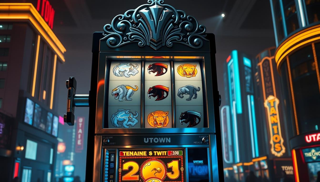A towering slot machine stands tall, its metallic frame adorned with intricate carvings of the mighty Thor's hammer, Mjolnir. The machine's reels spin with a mesmerizing rhythm, each symbol a representation of the Norse god's power - lightning bolts, thunderclouds, and fierce tigers. The machine's sleek, modern design is accentuated by dramatic lighting, casting long shadows that give the scene a sense of depth and drama. The background is a seamless blend of UTown's signature neon-lit cityscape, hinting at the thrilling and lucrative world of data-driven gaming strategies.