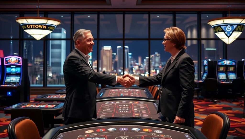 A well-lit, detailed scene depicting a responsible gambling partnership between UTown Entertainment and a reputable organization. In the foreground, two business professionals in formal attire shake hands, conveying a sense of trust and collaboration. The middle ground features UTown's sophisticated casino interior, with sleek gaming tables and subdued lighting, emphasizing the responsible atmosphere. In the background, a window overlooking a bustling city skyline, suggesting the broader societal impact of this partnership. The overall composition evokes a mood of professionalism, integrity, and a commitment to promoting healthy gambling practices.