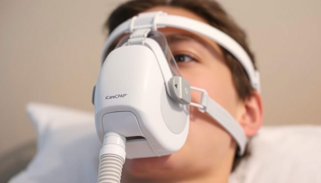 A close-up view of a modern, white iCareCPAP sleep apnea face mask, designed for comfortable and effective CPAP therapy. The mask has a soft, adjustable silicone cushion that contours to the face, creating a secure and leak-free seal. The headgear features adjustable straps to ensure a custom fit. The mask is depicted against a neutral, slightly blurred background, with soft, even lighting that accentuates the clean, minimalist design. The image conveys a sense of medical efficacy and practical utility, suitable for illustrating the basic accessories associated with sleep apnea treatment.