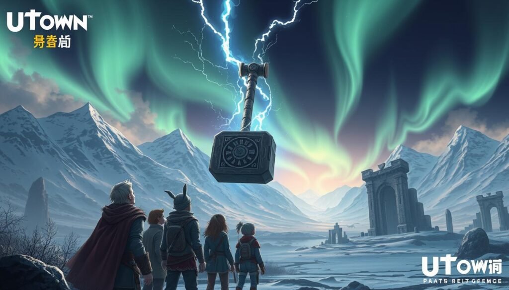 A detailed illustration of the &amp;amp;amp;quot;UTown 雷神之鎚 free trial mode&amp;amp;amp;quot;, showcasing a dynamic, high-fantasy scene. In the foreground, the mighty Thor's hammer, Mjolnir, is suspended in mid-air, surrounded by an aura of lightning and energy. The middle ground features a group of adventurers gazing in awe, their expressions filled with wonder and excitement. In the background, a majestic, Nordic-inspired landscape unfolds, with towering snow-capped mountains, ancient ruins, and a dramatic, moody sky illuminated by the northern lights. The overall atmosphere is one of magic, adventure, and the thrill of discovering the free trial mode of the &amp;amp;amp;quot;UTown 雷神之鎚&amp;amp;amp;quot; game.
