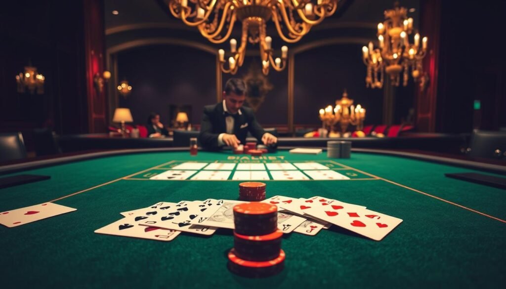 A detailed illustration of the rules of Baccarat, a classic casino card game. Set against a richly textured, green felt table in a dimly lit, high-end gambling hall. In the foreground, playing cards are spread out, showcasing the core mechanics - player, banker, and tie bets. The middle ground features two dealers in formal attire, expertly handling the cards and chips. In the background, an ornate chandelier casts a warm, golden glow over the scene, evoking the sophisticated ambiance of a elegant casino. The composition emphasizes the game's essential rules and strategies, providing a visually captivating reference for players to learn the fundamentals of Baccarat.