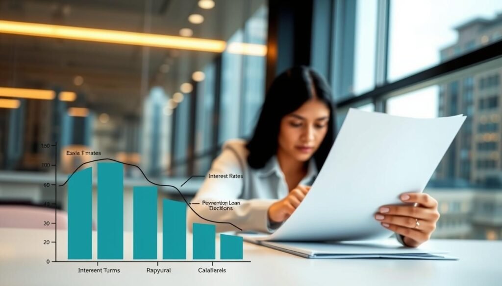 A modern, minimalist illustration of the criteria for selecting a private loan. In the foreground, a stylized financial graph or chart showcases key factors like interest rates, repayment terms, and collateral requirements. The middle ground depicts a person carefully reviewing loan documents, with a thoughtful expression. The background features a softly blurred cityscape, conveying the urban financial context. The lighting is clean and professional, utilizing a combination of directional and ambient illumination to create depth and focus. The overall tone is one of informed decision-making, with a sense of careful consideration of the options available.