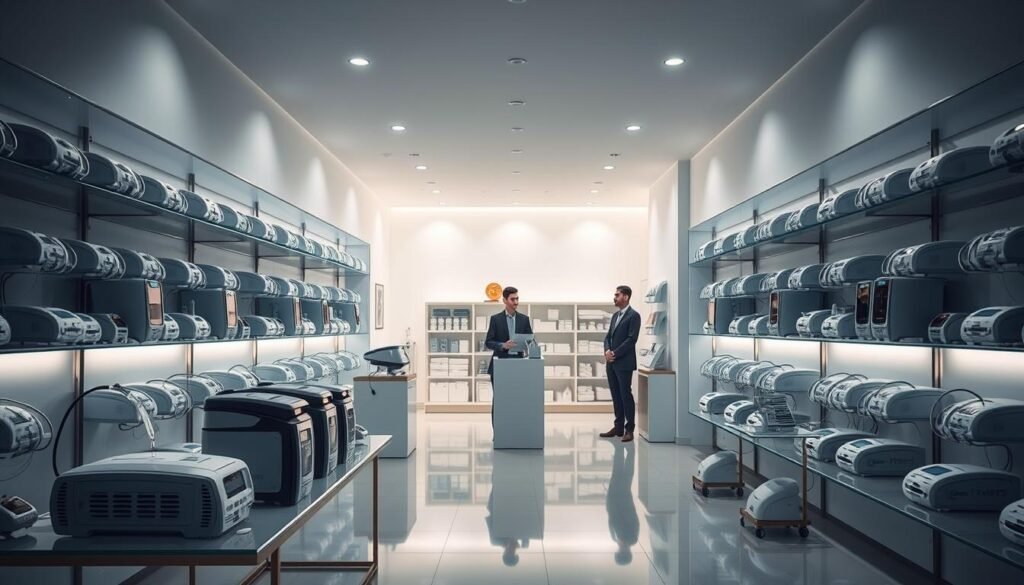 A sleek and modern medical device shop, its shelves stocked with the latest iCareCPAP sleep apnea machines. Soft, diffused lighting illuminates the clean, minimalist interior, creating a calming and professional atmosphere. In the foreground, a neatly arranged display showcases the iCareCPAP devices, their designs blending form and function. The middle ground features knowledgeable sales associates ready to guide customers through the purchasing process, while the background reveals a well-organized inventory storage area, ensuring a seamless shopping experience. The overall scene conveys a sense of trust, expertise, and a commitment to patient well-being.