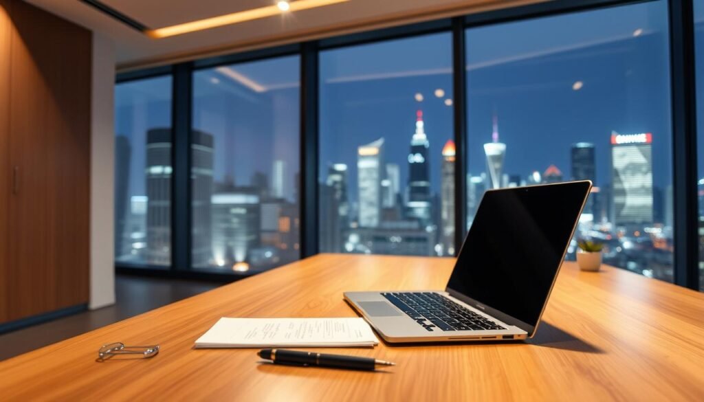 A sleek, modern office interior with a focus on a wooden desk showcasing a laptop, documents, and a pen. The desk is well-lit, with a warm, soft lighting that creates a professional yet inviting atmosphere. In the background, a large window offers a view of a bustling city skyline, adding a sense of urban dynamism. The overall composition conveys efficiency, financial security, and the streamlined process of obtaining a quick loan, aligning with the subject of "民間貸款的基本概念與流程".