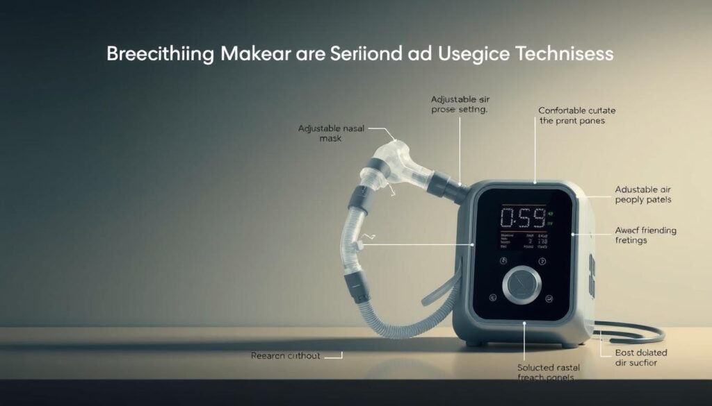 A detailed diagram of a modern iCareCPAP sleep apnea breathing machine, showcasing its various components and usage instructions. The device is depicted against a minimalist, muted background with soft, indirect lighting, emphasizing its sleek, user-friendly design. The image highlights the key features, such as the adjustable air pressure settings, the comfortable nasal mask, and the intuitive control panel, providing clear visual guidance on the proper setup and operation of the device. The overall mood is one of calm, informative clarity, making it an ideal illustration for the "Breathing Machine Selection and Usage Techniques" section of the article.