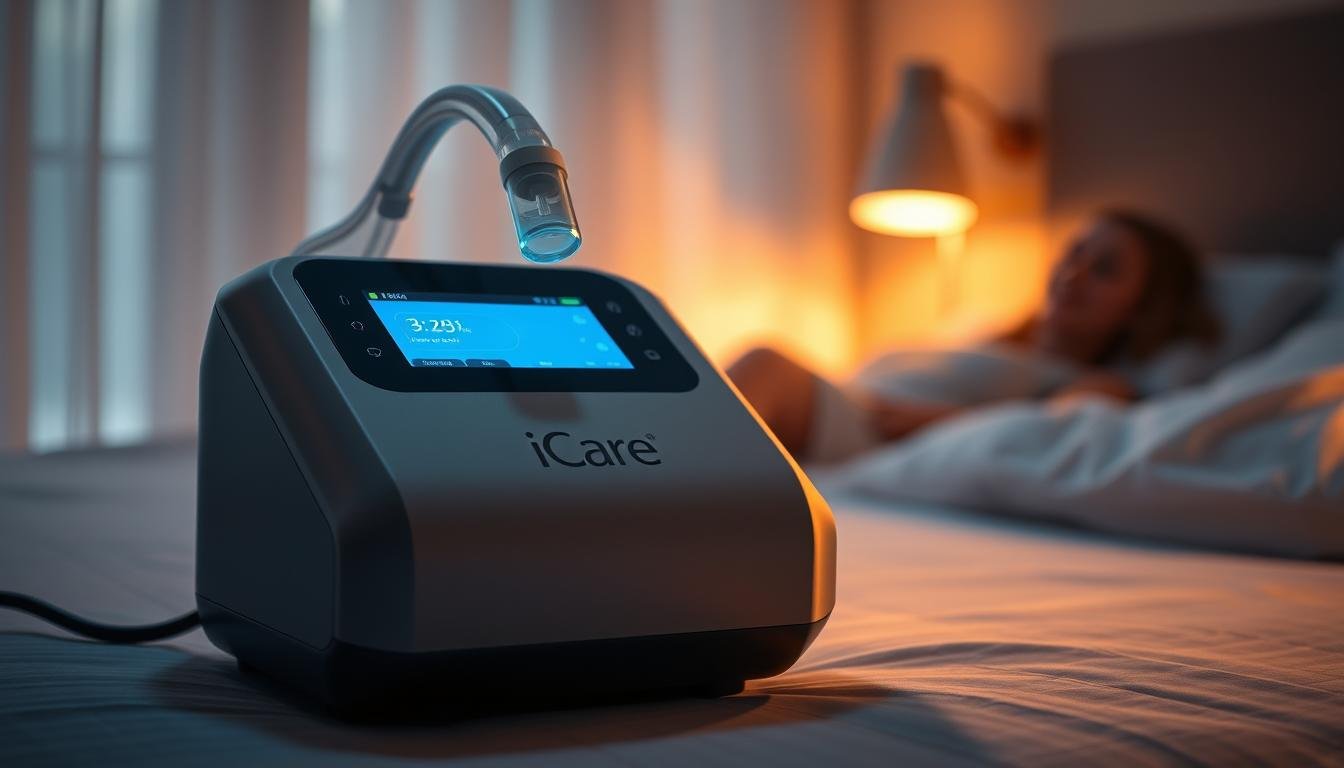 A high-quality, photorealistic image of the iCareCPAP sleep apnea machine, featuring a sleek and modern design with a minimalist control panel. The device is positioned prominently in the foreground, casting a soft, warm glow that illuminates the surrounding environment. The background depicts a serene bedroom setting, with muted colors and soft lighting to convey a sense of relaxation and comfort. The image emphasizes the importance of the sleep apnea machine in improving the health and well-being of the user, capturing the device's essential role in addressing sleep-related breathing disorders.