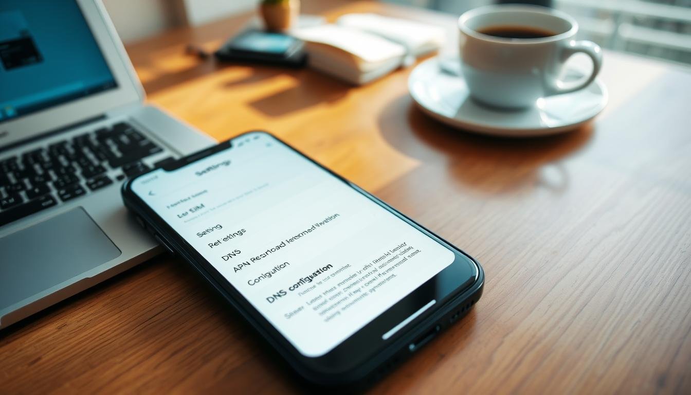 A close-up, high-resolution image of a modern smartphone displaying eSIM settings, specifically highlighting the APN and DNS configuration pages. The smartphone is placed on a sleek wooden desk with a subtle, blurred background of a tech-savvy workspace featuring a laptop and a cup of coffee. Soft, natural lighting streams in from a nearby window, casting gentle shadows that create a calming yet focused atmosphere. The angle is from slightly above, showcasing the smartphone’s screen clearly while maintaining a sense of depth. The mood is professional and informative, embodying a tech-oriented environment perfect for illustrating essential information about eSIM recommendations in Japan.