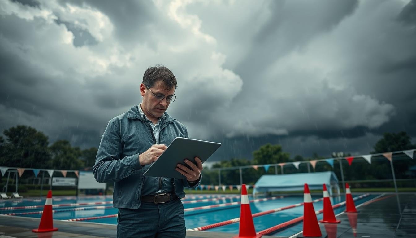 A professional swimming coach evaluating the impact of severe weather conditions on swimming activities, standing under dark, cloudy skies with ominous storm clouds gathering in the background. The foreground features the coach, dressed in smart casual attire with a clipboard, closely inspecting a digital weather report displayed on a tablet. In the middle ground, a swimming pool is partially covered with a protective tarp, while nearby, safety cones are placed to mark restricted areas. Raindrops start to fall, capturing the seriousness of the situation. The atmosphere is tense yet focused, with a moody, overcast lighting creating a dramatic contrast. The lens captures a wide-angle view, emphasizing the looming weather and the sense of urgency in decision-making.