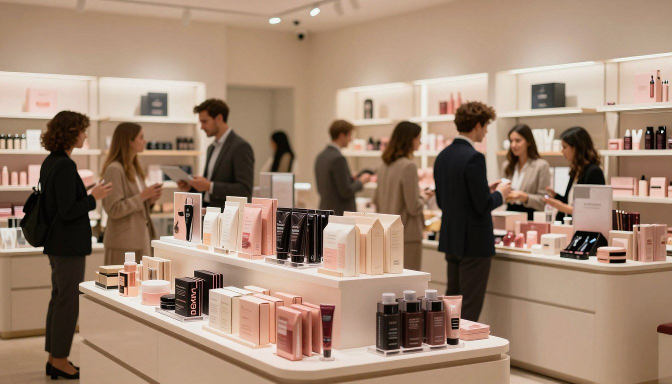A modern sex shop interior designed with professionalism and sophistication in mind. The foreground features sleek, neatly organized product displays, showcasing a variety of health-conscious items in elegant packaging. In the middle ground, diverse customers browse the aisles, dressed in professional business attire, engaged in thoughtful discussions. The background is adorned with soft, ambient lighting that creates a warm and inviting atmosphere, complemented by minimalist decor that emphasizes comfort and openness. The scene captures a cinematic vibe with a cozy feel, inviting viewers to appreciate the importance of sexual health in a modern context. The image should be framed in a 4:3 aspect ratio, enhancing the intimate setting while maintaining professionalism.