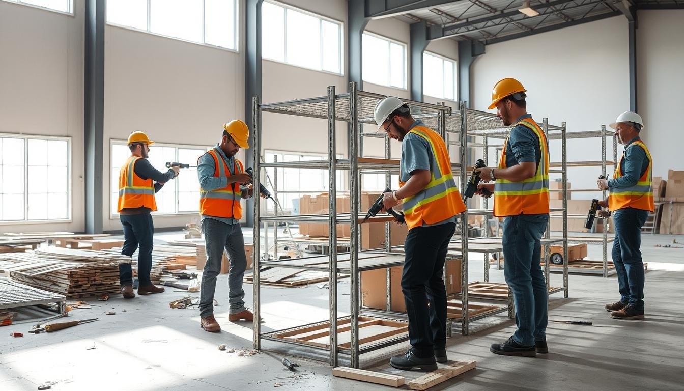 A professional demolition team is actively working inside a spacious warehouse, dismantling metal shelving units. In the foreground, three team members wearing hard hats and safety vests are carefully using power tools to disassemble a shelf, displaying focus and expertise. The middle ground showcases partially dismantled shelves with scattered tools and materials, creating a sense of organized chaos. In the background, large warehouse windows allow natural light to flood the space, casting soft shadows on the concrete floor. The atmosphere is one of efficiency and teamwork, emphasizing professionalism in the demolition process. The overall lighting is bright and clean, highlighting the details of the work being done.