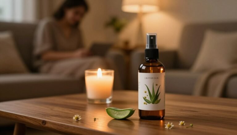A tranquil and intimate setting showcasing a stylish spray bottle labeled with natural ingredients like aloe vera, chamomile, and essential oils, positioned in the foreground on a wooden table. In the middle, a softly glowing candle adds warmth, creating a romantic ambiance. In the background, a cozy living room with warm lighting and plush decor sets the scene, evoking feelings of togetherness. The mood is relaxing and inviting, capturing the essence of enhancing intimate connections. Use a warm color palette to enhance the cinematic vibes, with a soft focus on the spray bottle and a harmonious blend of light and shadows to evoke a serene atmosphere. The image should be framed in a 4:3 aspect ratio, emphasizing the subjects and the overall cozy environment.