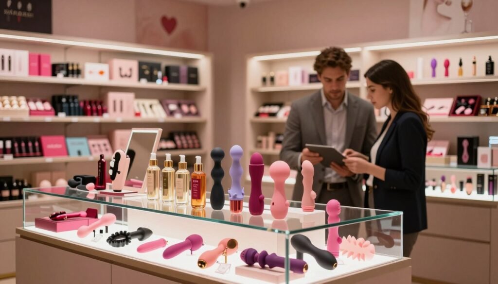 A vibrant, well-organized display of various sex toys and intimacy products inside a modern, tastefully designed sex shop. In the foreground, focus on a well-lit glass display showcasing an array of items, including elegant massage oils, tasteful adult games, and stylish accessories, all arranged artfully. The middle ground features shelves lined with colorful boxes and products, creating a warm and inviting atmosphere. The background reveals soft lighting that accentuates the contemporary decor, with subtle shades of romance and comfort. A couple in the scene, dressed in professional business attire, browses the products with curiosity and interest, contributing to the cozy and intimate setting. Capture this moment with a focus on warm hues and a cinematic vibe, utilizing a 4:3 aspect ratio. A vibrant, well-organized display of various sex toys and intimacy products inside a modern, tastefully designed sex shop. In the foreground, focus on a well-lit glass display showcasing an array of items, including elegant massage oils, tasteful adult games, and stylish accessories, all arranged artfully. The middle ground features shelves lined with colorful boxes and products, creating a warm and inviting atmosphere. The background reveals soft lighting that accentuates the contemporary decor, with subtle shades of romance and comfort. A couple in the scene, dressed in professional business attire, browses the products with curiosity and interest, contributing to the cozy and intimate setting. Capture this moment with a focus on warm hues and a cinematic vibe, utilizing a 4:3 aspect ratio.