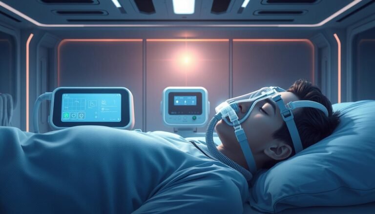 A detailed, futuristic illustration showcasing the sleep apnea treatment process with an iCareCPAP device. In the foreground, a sleeping person is comfortably fitted with a sleek, modern CPAP mask. The middle ground depicts the CPAP machine, with a clear display and intuitive controls. The background features a minimalist, high-tech medical environment with subtle lighting and clean, futuristic architectural elements. The overall scene conveys a sense of advanced, streamlined sleep therapy, promoting a restful, rejuvenating experience for the patient.