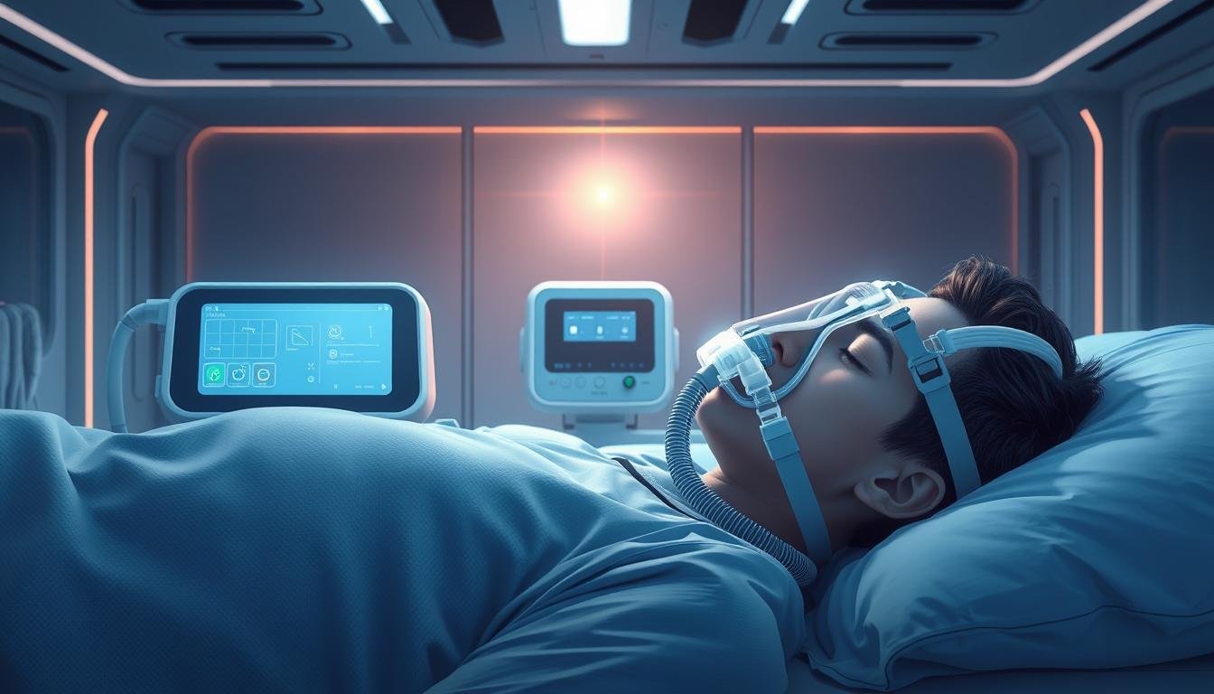 A detailed, futuristic illustration showcasing the sleep apnea treatment process with an iCareCPAP device. In the foreground, a sleeping person is comfortably fitted with a sleek, modern CPAP mask. The middle ground depicts the CPAP machine, with a clear display and intuitive controls. The background features a minimalist, high-tech medical environment with subtle lighting and clean, futuristic architectural elements. The overall scene conveys a sense of advanced, streamlined sleep therapy, promoting a restful, rejuvenating experience for the patient.